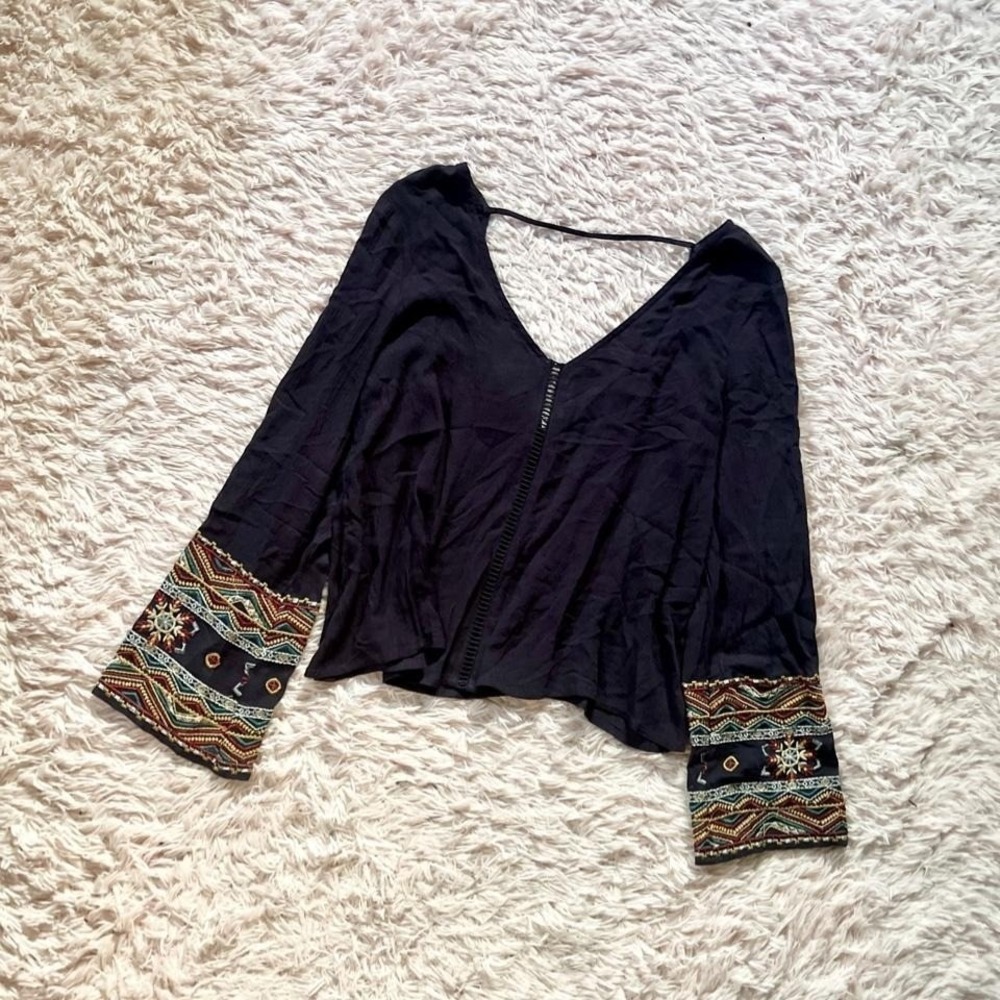 Boho Tribal Indie Embroidered Bell Sleeve Crop Top Womens S Earthy Lagenlook Joy